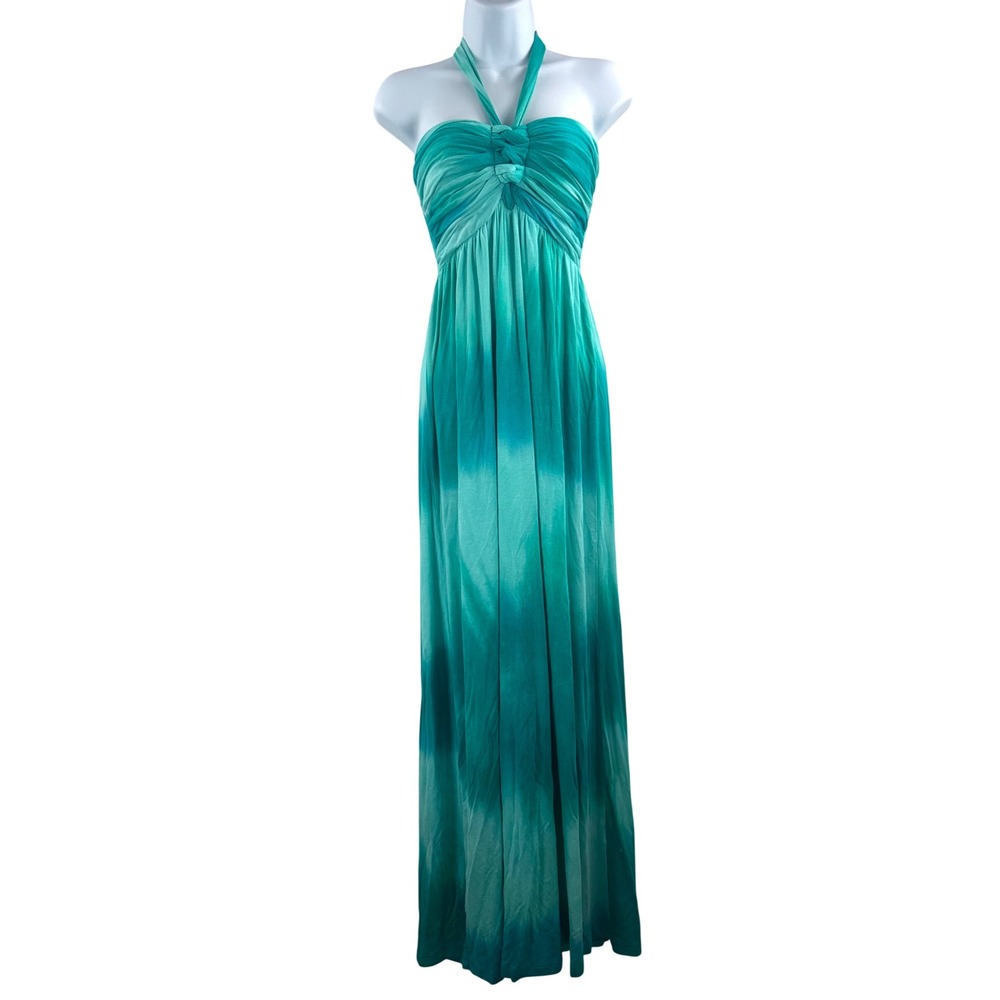 Ombre Halter Maxi Dress‎ Teal Gradient Smocked beach boho jersey knit sz S